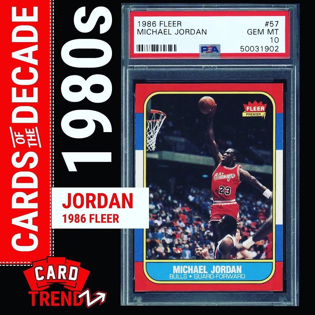 CardTrendz infographic featuring the 1986 Fleer Michael Jordan card from its cards of the decades series