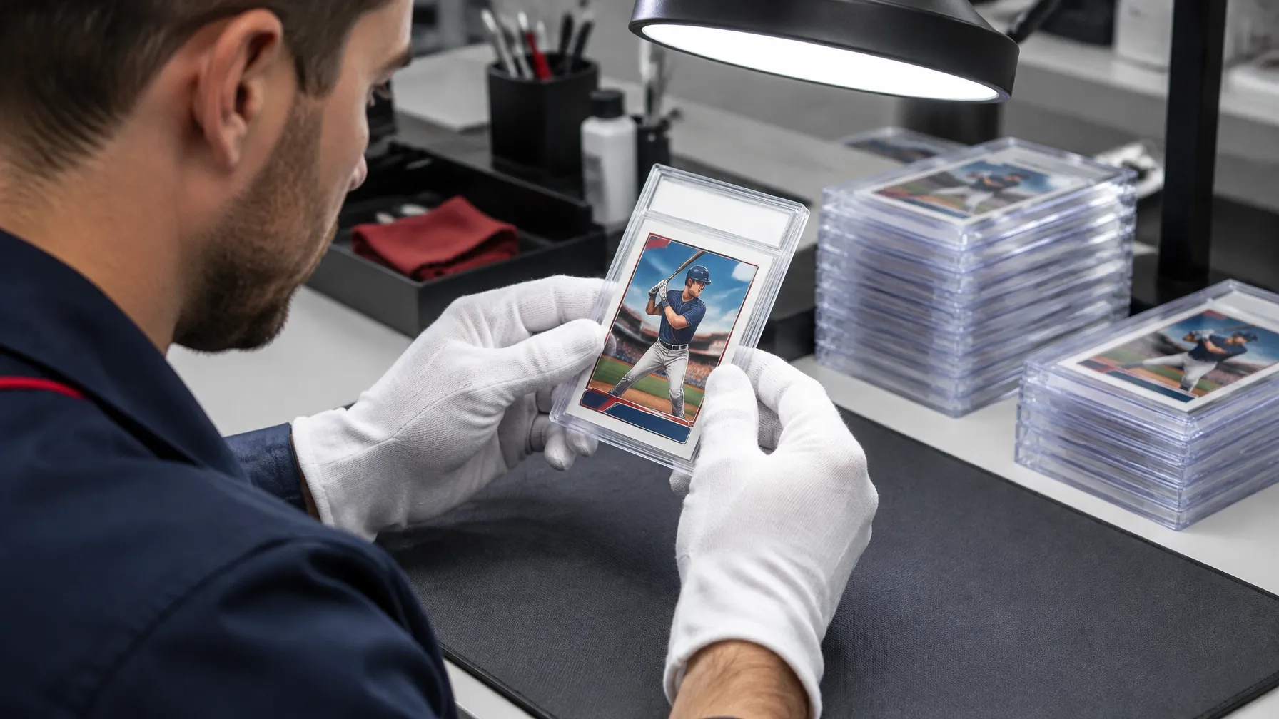 Card grader examining a sports card under an inspection lamp