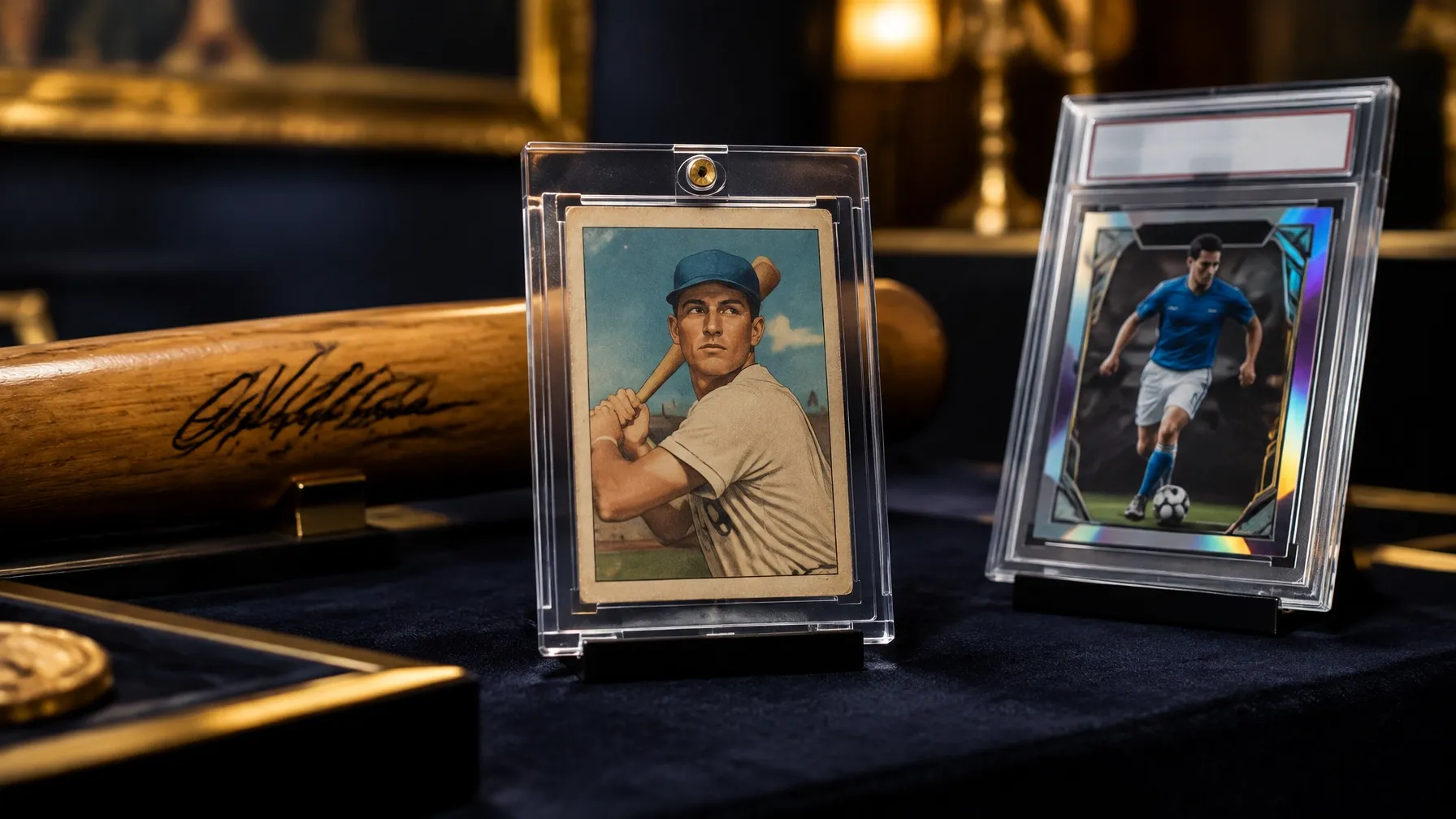 Vintage baseball card, signed bat and soccer card displayed together at an auction preview